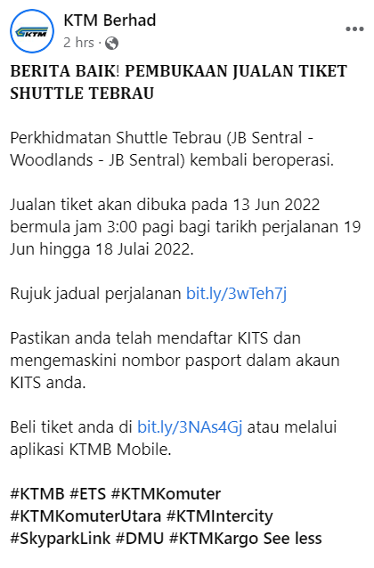 KTM Train Woodland to JB Sentral facebook post