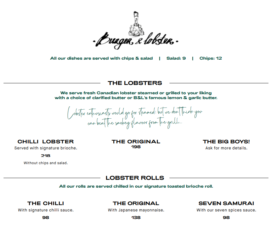 Burger & Lobster Menu