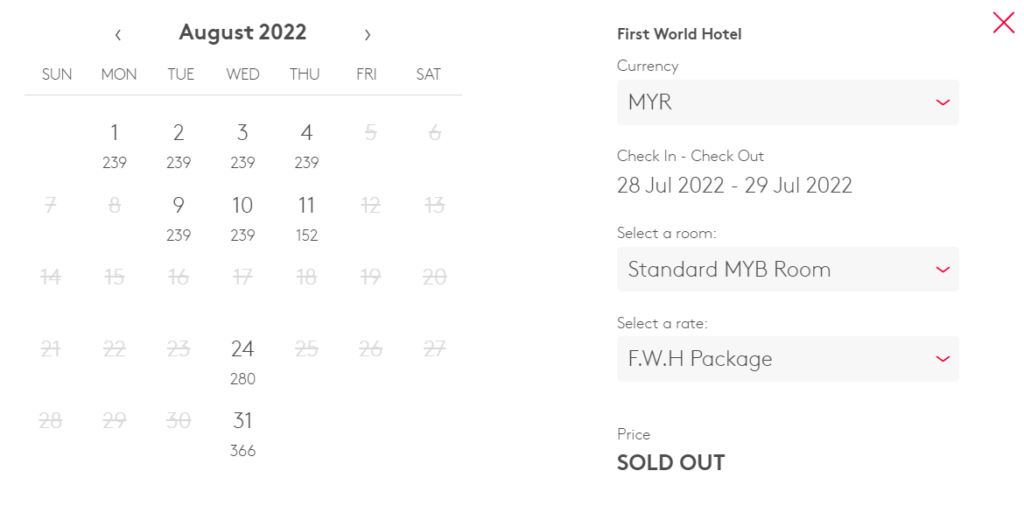 First World Hotel FWL Package Booking screen