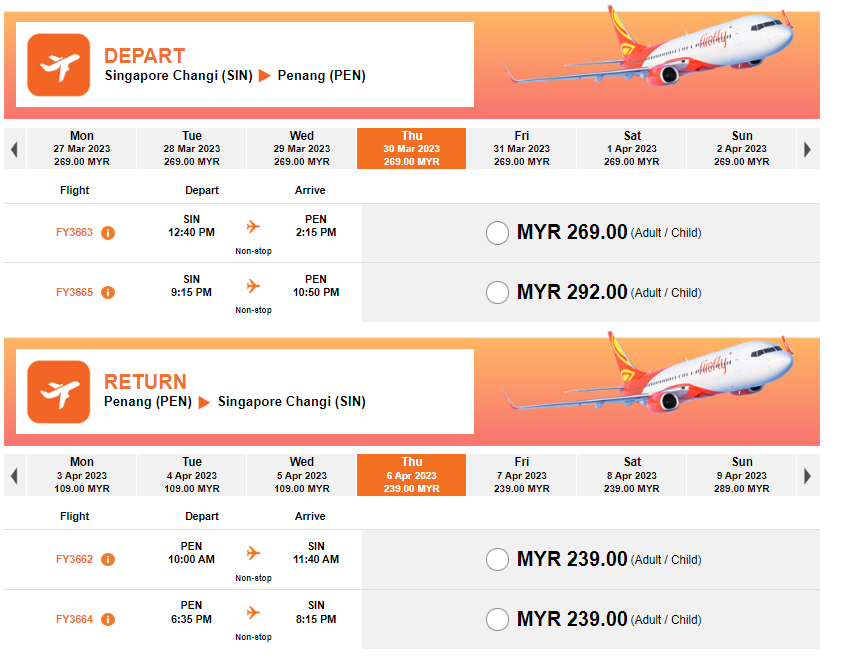 Firefly Changi to Penang $80