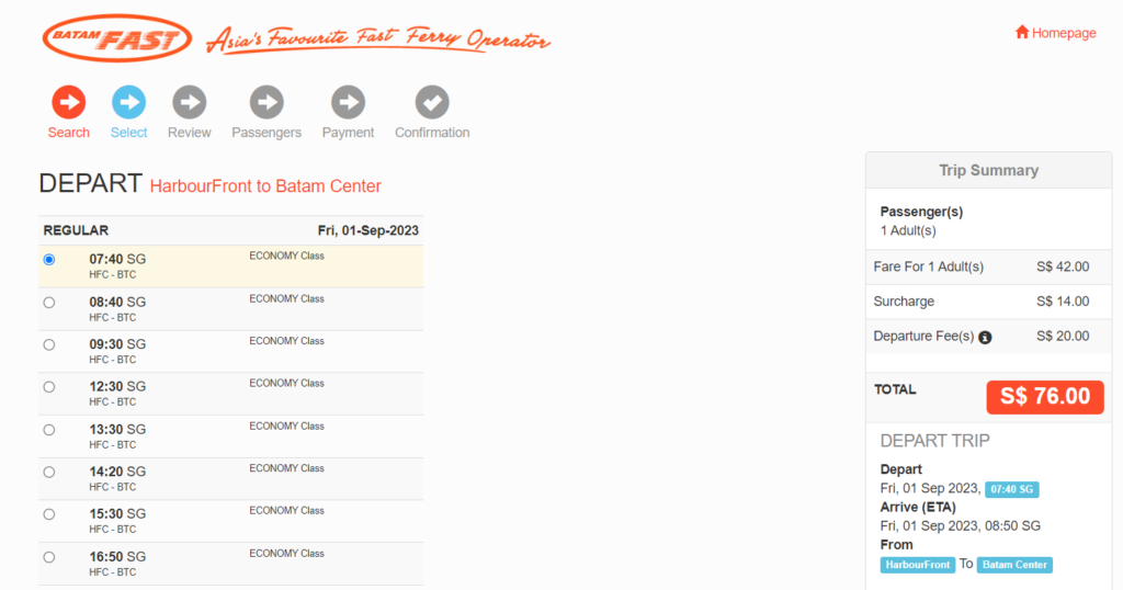 Batam Fast Ferry Singapore to Batam Centre round trip SGD 76